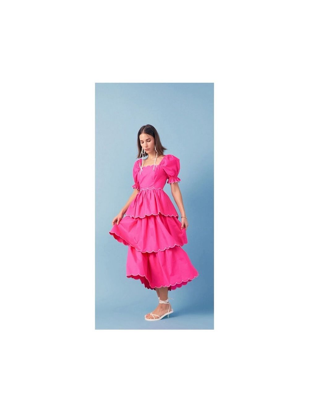 NWT English Factory Viral Sold Out Scallop Tiered Midi Dress Pink L - Picture 5 of 5